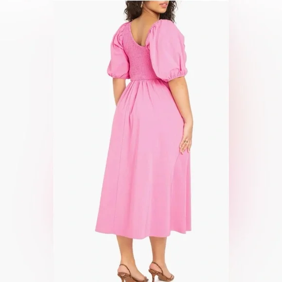 Eloquii Vibrant Barbie Pink Smocked Asymmetric Neck Maxi Dress - Picture 6 of 16